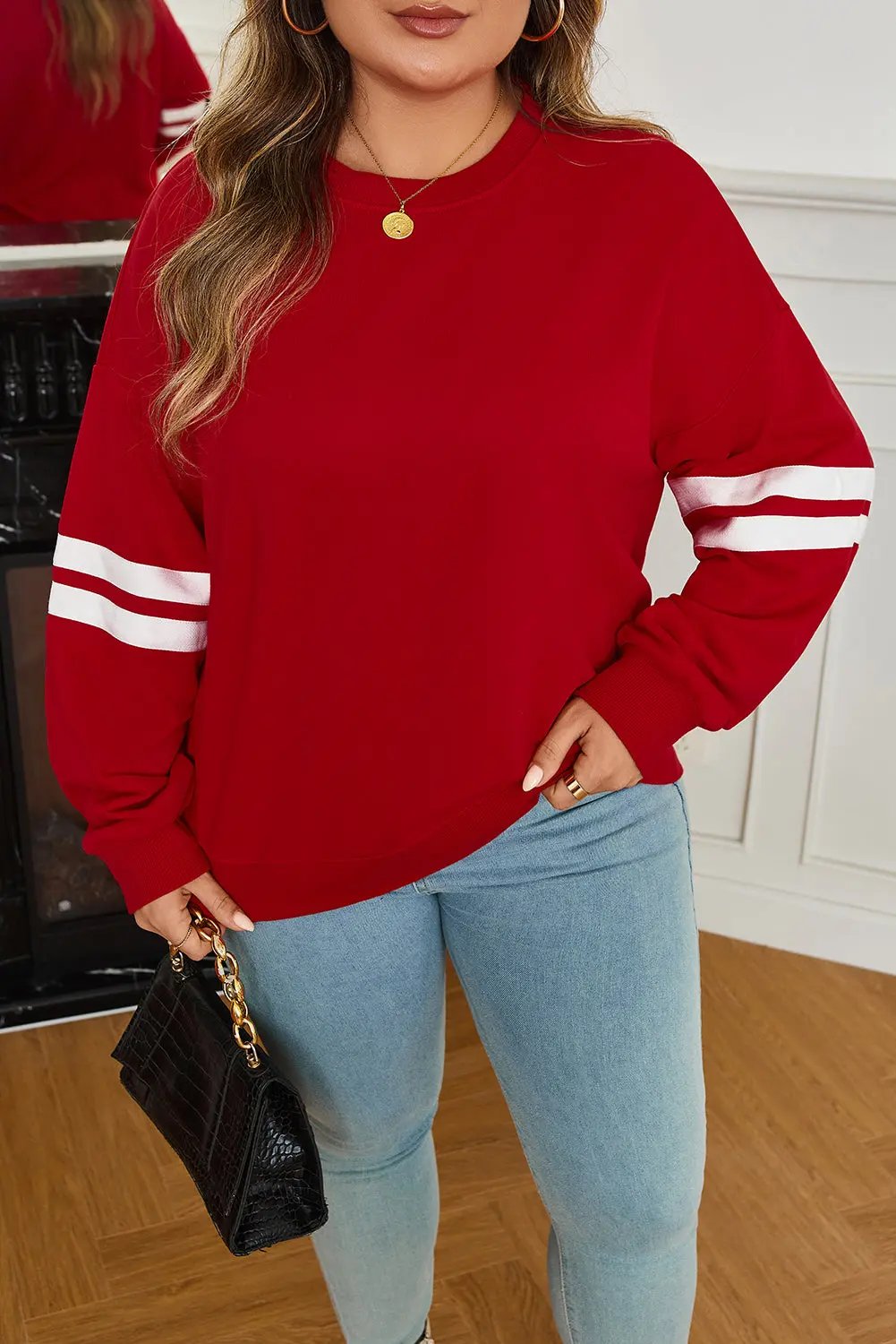 Fiery Red Varsity Striped Detail Crew Neck Plus Sweatshirt Dear-Lover Dropshipping